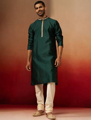 bottle green jacquard kurta with cream churidar set - festive collection 4