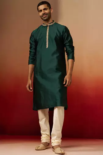 bottle green jacquard kurta with cream churidar set - festive collection