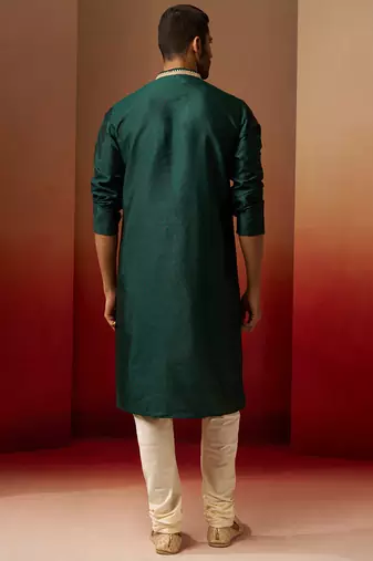 bottle green jacquard kurta with cream churidar set - festive collection
