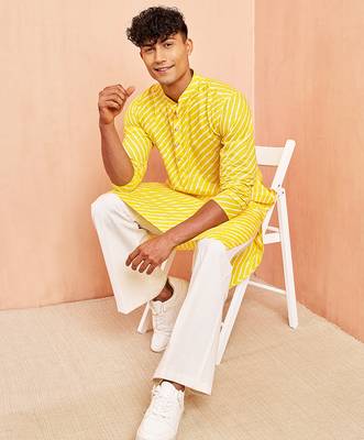 Yellow lahariya print kurta pant set - traditional screen print long kurta with white wide leg pants 1