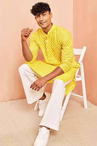 Yellow lahariya print kurta pant set - traditional screen print long kurta with white wide leg pants