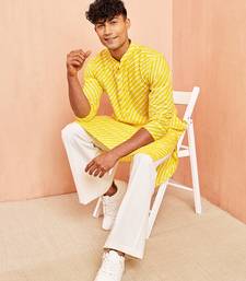 Yellow lahariya print kurta pant set - traditional screen print long kurta with white wide leg pants
