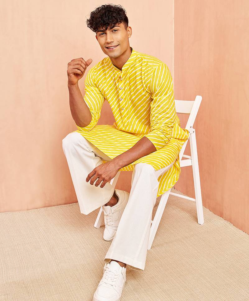 Yellow lahariya print kurta pant set - traditional screen print long kurta with white wide leg pants