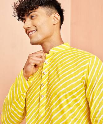 Yellow lahariya print kurta pant set - traditional screen print long kurta with white wide leg pants 2