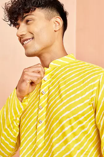 Yellow lahariya print kurta pant set - traditional screen print long kurta with white wide leg pants