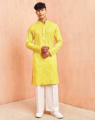 Yellow lahariya print kurta pant set - traditional screen print long kurta with white wide leg pants 3