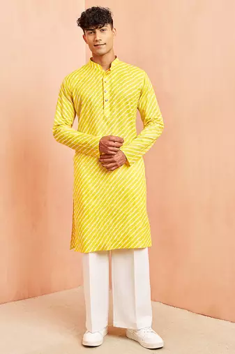 Yellow lahariya print kurta pant set - traditional screen print long kurta with white wide leg pants