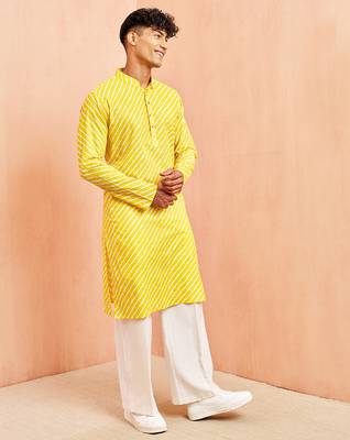 Yellow lahariya print kurta pant set - traditional screen print long kurta with white wide leg pants 4
