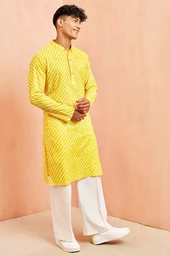 Yellow lahariya print kurta pant set - traditional screen print long kurta with white wide leg pants