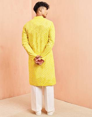 Yellow lahariya print kurta pant set - traditional screen print long kurta with white wide leg pants 5