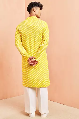 Yellow lahariya print kurta pant set - traditional screen print long kurta with white wide leg pants