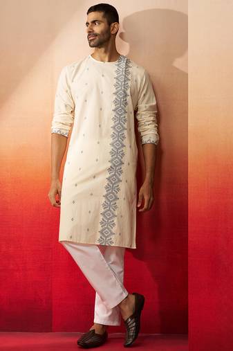 white blue jamdani kurta pyjama set - navratri ethnic wear