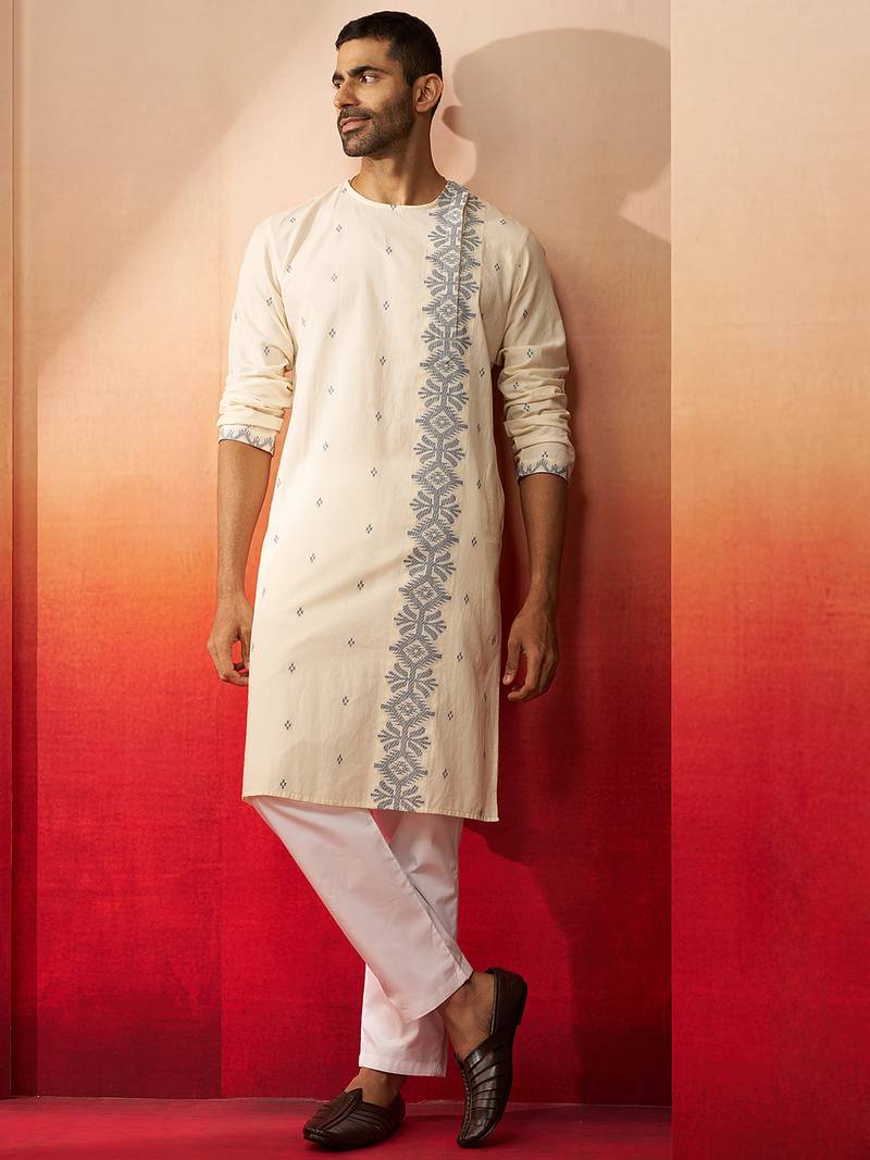 white blue jamdani kurta pyjama set - navratri ethnic wear