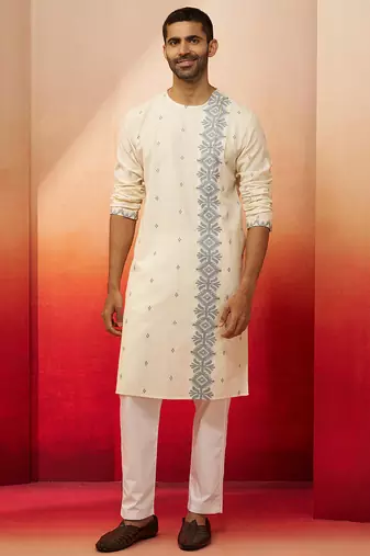 white blue jamdani kurta pyjama set - navratri ethnic wear