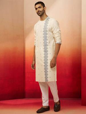 white blue jamdani kurta pyjama set - navratri ethnic wear 4