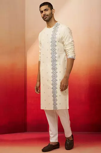 white blue jamdani kurta pyjama set - navratri ethnic wear