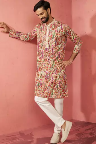 Cream kurta with cream pyjama - printed eid set
