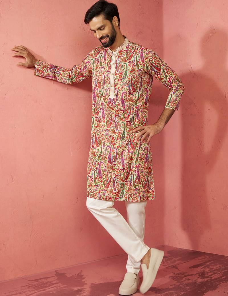 Cream kurta with cream pyjama - printed eid set
