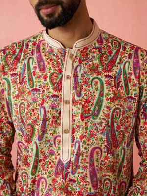 Cream kurta with cream pyjama - printed eid set 2