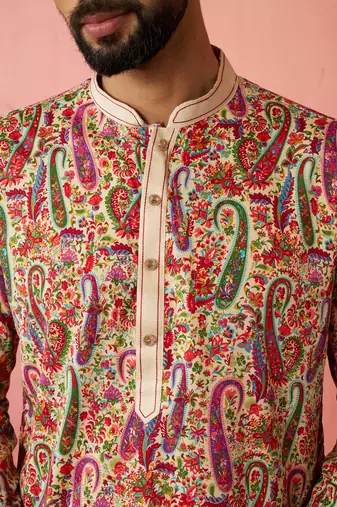 Cream kurta with cream pyjama - printed eid set