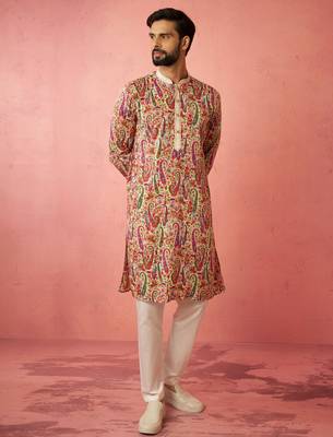 Cream kurta with cream pyjama - printed eid set 3