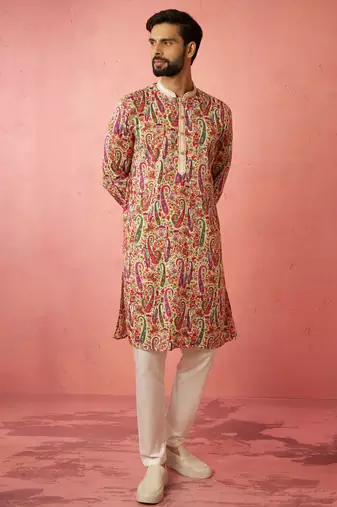 Cream kurta with cream pyjama - printed eid set