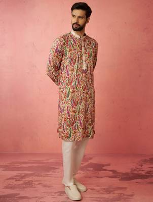 Cream kurta with cream pyjama - printed eid set 4