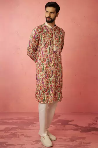 Cream kurta with cream pyjama - printed eid set