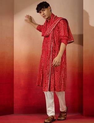 red bandhani kurta set with cream pant and dupatta - traditional ethnic set 1