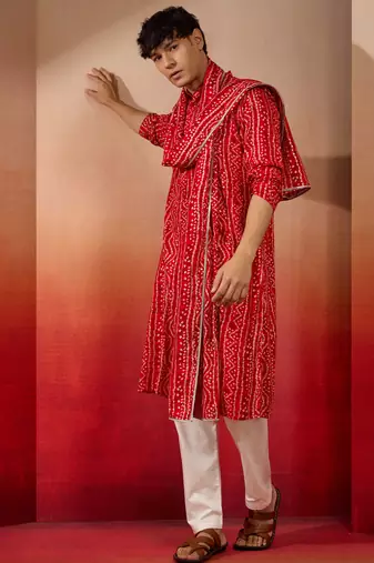red bandhani kurta set with cream pant and dupatta - traditional ethnic set