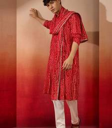 red bandhani kurta set with cream pant and dupatta - traditional ethnic set