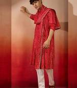 red bandhani kurta set with cream pant and dupatta - traditional ethnic set