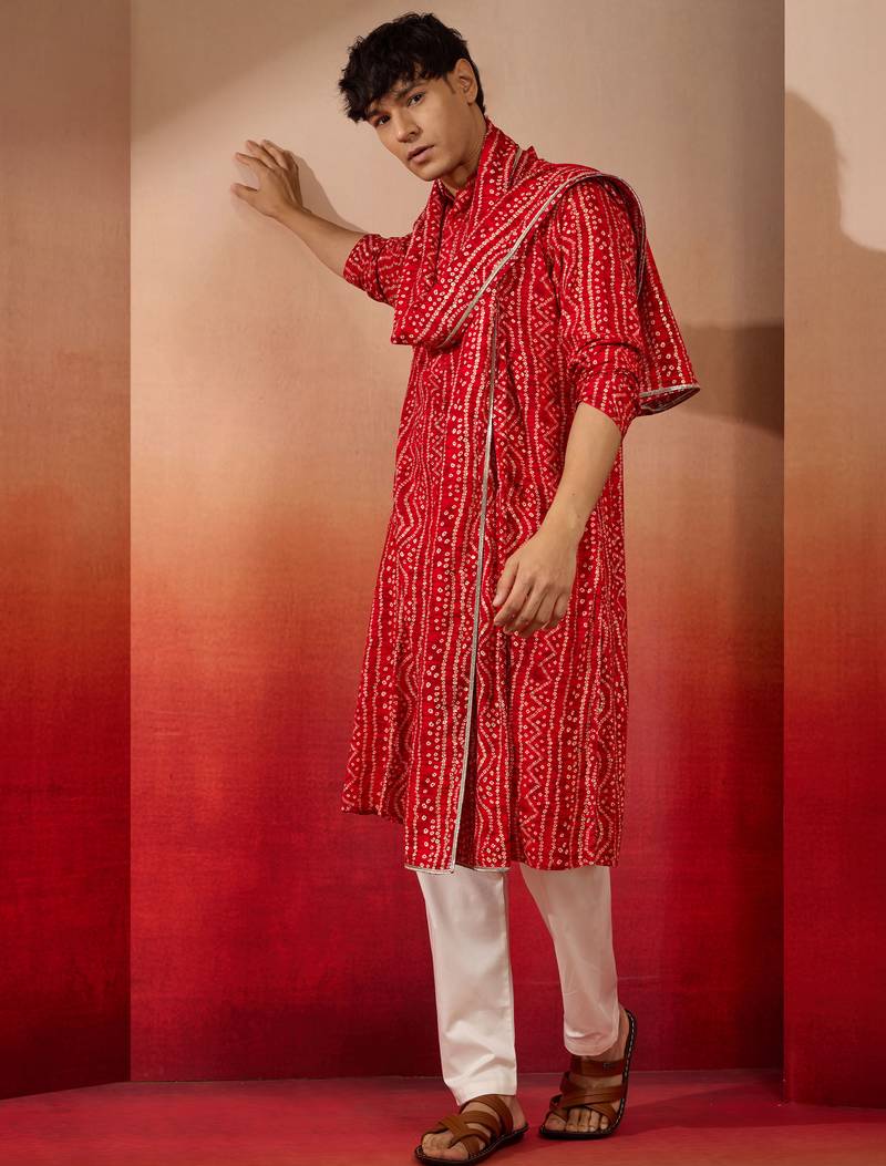 red bandhani kurta set with cream pant and dupatta - traditional ethnic set