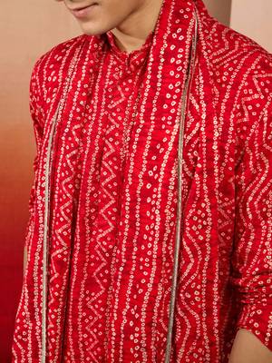 red bandhani kurta set with cream pant and dupatta - traditional ethnic set 2