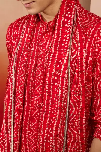 red bandhani kurta set with cream pant and dupatta - traditional ethnic set