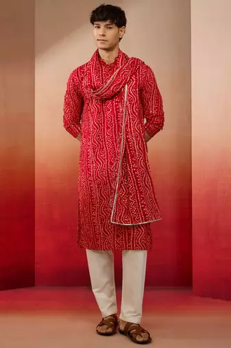 red bandhani kurta set with cream pant and dupatta - traditional ethnic set