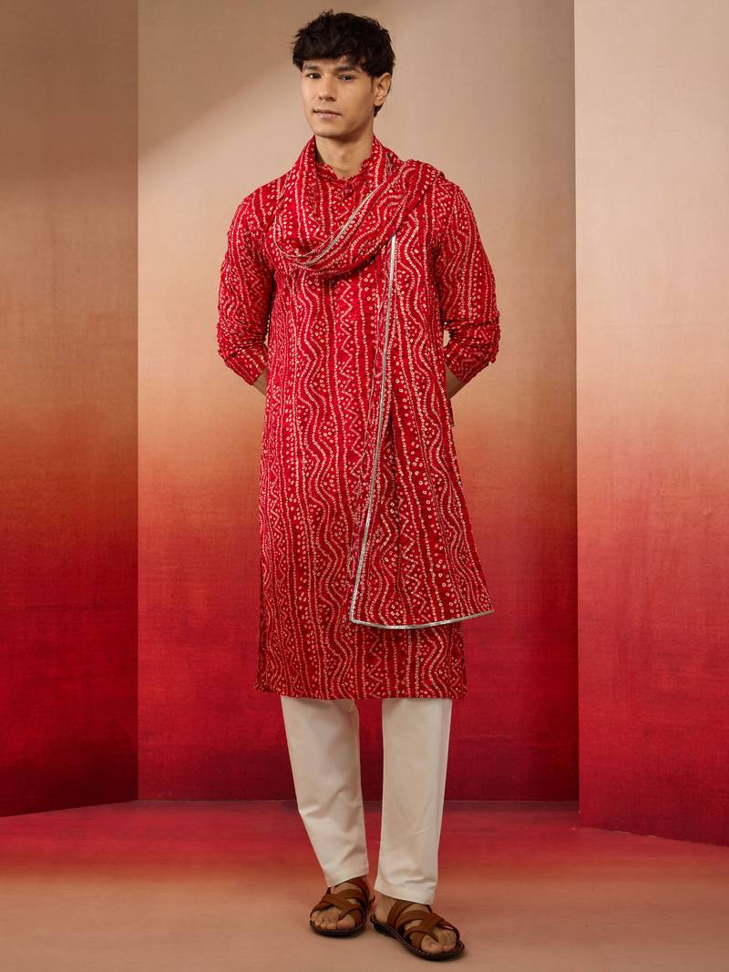 red bandhani kurta set with cream pant and dupatta - traditional ethnic set