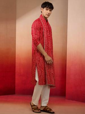 red bandhani kurta set with cream pant and dupatta - traditional ethnic set 4