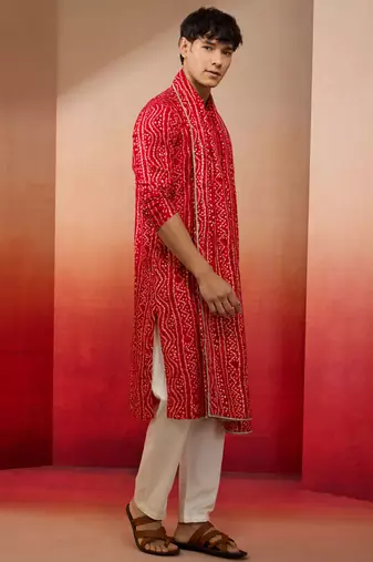 red bandhani kurta set with cream pant and dupatta - traditional ethnic set