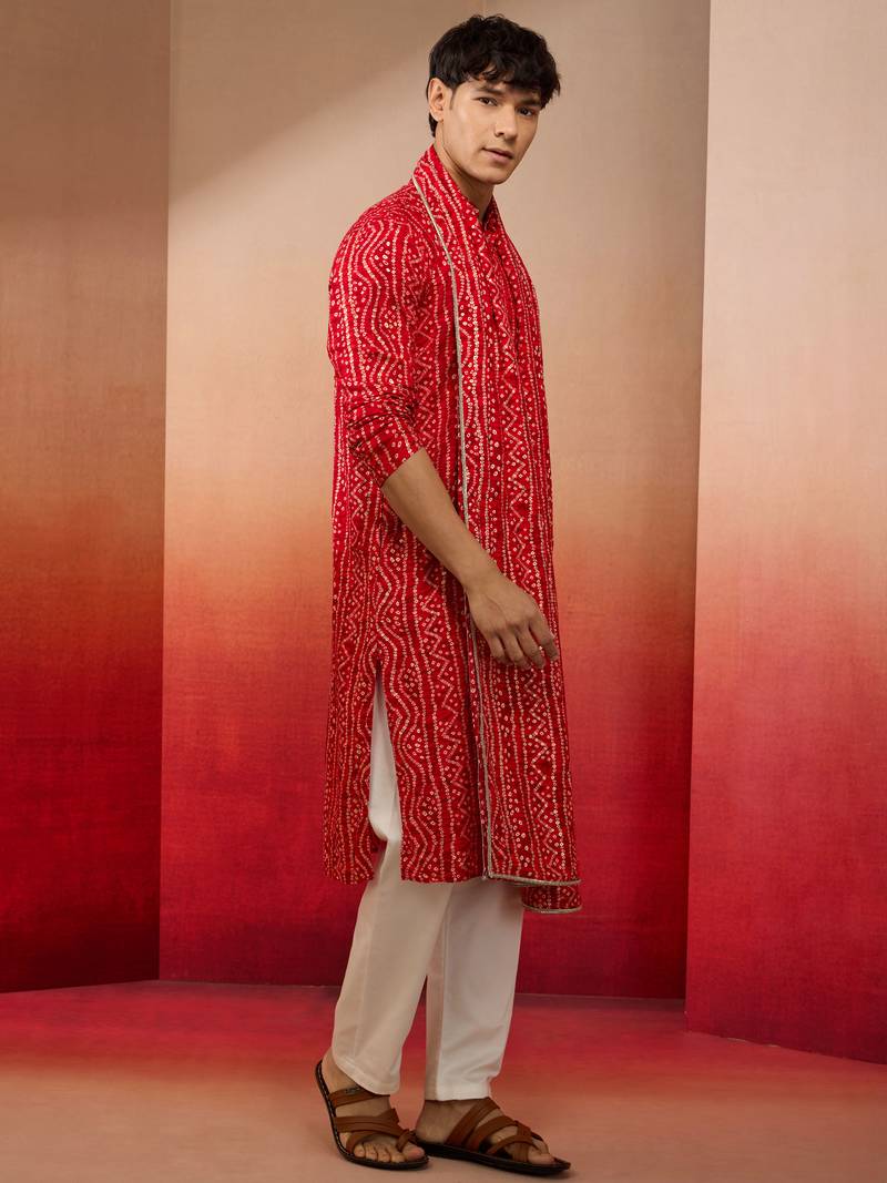 red bandhani kurta set with cream pant and dupatta - traditional ethnic set