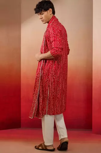 red bandhani kurta set with cream pant and dupatta - traditional ethnic set