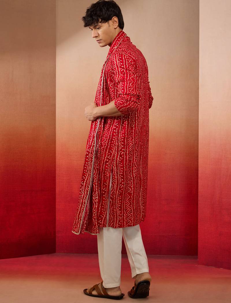 red bandhani kurta set with cream pant and dupatta - traditional ethnic set