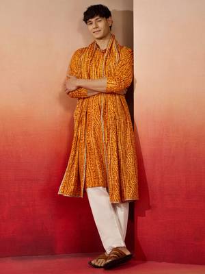 mustard bandhani kurta set with cream pant and dupatta - festive collection 1