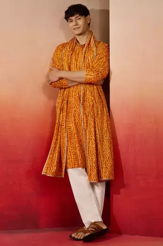 mustard bandhani kurta set with cream pant and dupatta - festive collection