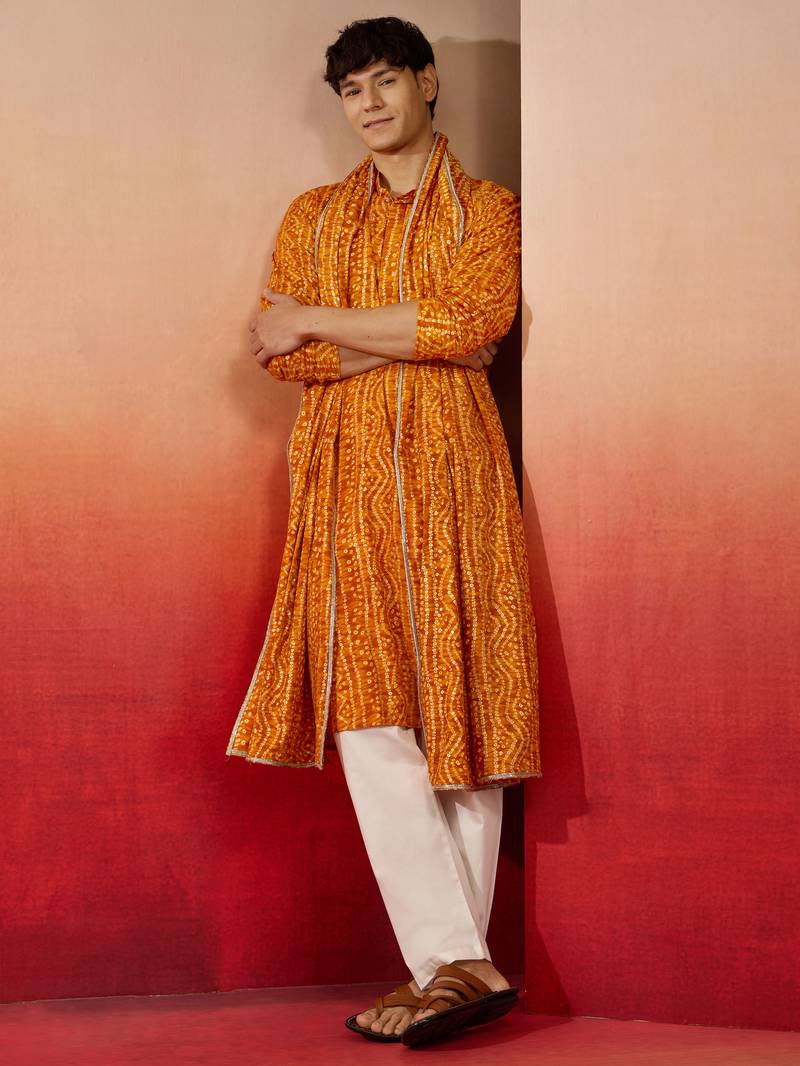 mustard bandhani kurta set with cream pant and dupatta - festive collection