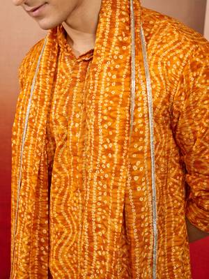 mustard bandhani kurta set with cream pant and dupatta - festive collection 2