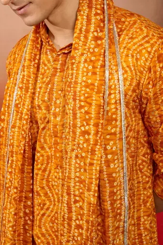 mustard bandhani kurta set with cream pant and dupatta - festive collection