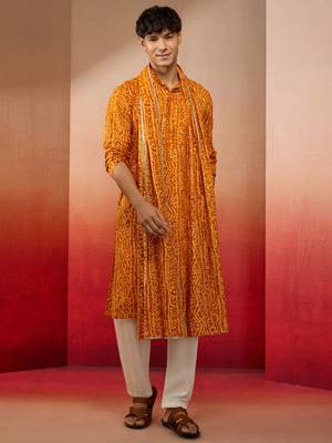 mustard bandhani kurta set with cream pant and dupatta - festive collection 3