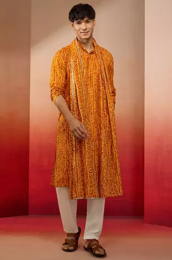mustard bandhani kurta set with cream pant and dupatta - festive collection