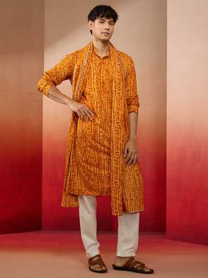 mustard bandhani kurta set with cream pant and dupatta - festive collection 4